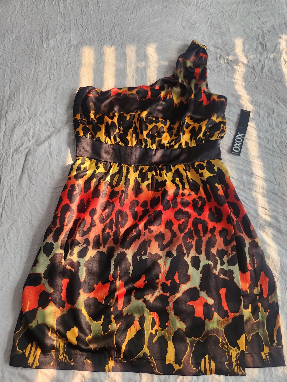 XOXO One-Shoulder Mini Dress in Red, Yellow, Black
